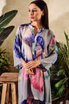 Rainas_Blue Viscose Crepe Print Floral Bloom Asymmetric Contrast Tunic And Pant Set _Online_at_Aza_Fashions