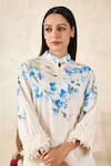 Rainas_Beige Linen Printed Orchid Mandarin Collar Tunic With Pant _at_Aza_Fashions