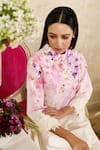 Rainas_Beige Linen Printed Floral Blossom Mandarin Collar Tunic With Pant _at_Aza_Fashions