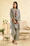 Rainas_Black Cupro Satin Printed Diamond Mandarin Collar Tunic Pant Set _Online