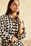 Shop_Rainas_Black Cupro Satin Printed Geometric Shirt Collar Kurta Pant Set _Online_at_Aza_Fashions