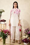 Buy_Rainas_Off White Linen Printed Sakura Mandarin Collar Tunic With Pant _at_Aza_Fashions