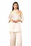 Rainas_Off White Linen Printed Floral Bouquet Mandarin Collar Tunic With Pant _at_Aza_Fashions