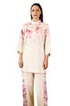 Shop_Rainas_Off White Linen Printed Lotus Mandarin Collar Tunic With Pant 