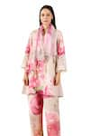 Rainas_Beige Linen Printed Rosebud Mandarin Collar Tunic Pant Set _at_Aza_Fashions