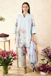 Rainas_Blue Linen Printed Rosebud Mandarin Collar Sequined Tunic Pant Set _at_Aza_Fashions