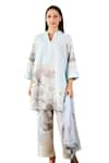 Buy_Rainas_Blue Linen Printed Rosebud Mandarin Collar Sequined Tunic Pant Set 