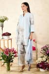 Shop_Rainas_Blue Linen Printed Rosebud Mandarin Collar Sequined Tunic Pant Set 