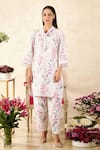 Buy_Rainas_Pink Linen Printed Blossom Mandarin Collar Tunic With Pant _at_Aza_Fashions