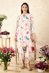 Rainas_Off White Linen Printed Poppy Mandarin Collar Tunic With Tulip Pant _at_Aza_Fashions