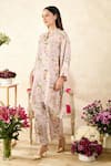 Rainas_Pink Sequins Georgette Printed Floral Mandarin Collar Asymmetric Tunic With Pant _at_Aza_Fashions