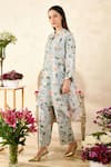 Rainas_Blue Sequins Georgette Printed Rose Mandarin Collar Asymmetric Tunic With Pant _at_Aza_Fashions