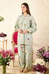 Buy_Rainas_Green Sequins Georgette Printed Garden Shirt Collar With Pant _at_Aza_Fashions