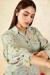 Rainas_Green Sequins Georgette Printed Garden Shirt Collar With Pant _Online_at_Aza_Fashions