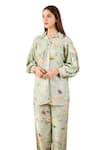 Rainas_Green Sequins Georgette Printed Garden Shirt Collar With Pant _at_Aza_Fashions