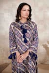 Shop_Rainas_Blue Cupro Satin Printed Floral Mandarin Collar Kurta Pant Set _at_Aza_Fashions