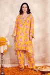 Buy_Rainas_Yellow Cotton Silk Printed Floral V Neck Kurta And Pant Set _at_Aza_Fashions