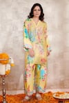 Buy_Rainas_Yellow Sequin Georgette Printed Floral Notched Straight Kurta And Pant Set _at_Aza_Fashions