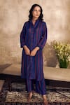 Buy_Rainas_Blue Cotton Silk Printed Striped Collared Kurta And Pant Set _at_Aza_Fashions