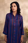 Shop_Rainas_Blue Cotton Silk Printed Striped Collared Kurta And Pant Set _at_Aza_Fashions