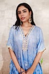 Rainas_Blue Cotton Silk Printed Bandhani V Neck Kaftan And Pant Set _Online_at_Aza_Fashions