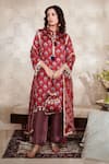 Buy_Rainas_Maroon Cupro Satin Printed Floral Band Collar Embroidered Kurta Pant Set _at_Aza_Fashions