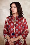 Shop_Rainas_Maroon Cupro Satin Printed Floral Band Collar Embroidered Kurta Pant Set _at_Aza_Fashions