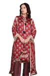 Rainas_Maroon Cupro Satin Printed Floral Band Collar Embroidered Kurta Pant Set _Online_at_Aza_Fashions