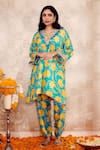 Buy_Rainas_Blue Cotton Silk Printed Floral V Neck Kurta And Pant Set _at_Aza_Fashions