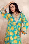 Rainas_Blue Cotton Silk Printed Floral V Neck Kurta And Pant Set _Online_at_Aza_Fashions