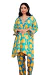 Buy_Rainas_Blue Cotton Silk Printed Floral V Neck Kurta And Pant Set _Online_at_Aza_Fashions