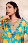 Shop_Rainas_Blue Cotton Silk Printed Floral V Neck Kurta And Pant Set _Online_at_Aza_Fashions