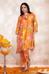 Rainas_Orange Cotton Silk Printed Floral Tie-up Tasseled Kurta And Pant Set _Online_at_Aza_Fashions