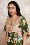 Rainas_Green Cotton Silk Printed Floral V Neck Embroidered Kaftan And Pant Set _Online_at_Aza_Fashions