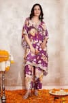 Buy_Rainas_Purple Cotton Silk Printed Floral V Neck Embroidered Kaftan And Pant Set _at_Aza_Fashions