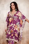 Rainas_Purple Cotton Silk Printed Floral V Neck Embroidered Kaftan And Pant Set _Online_at_Aza_Fashions