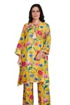 Shop_Rainas_Yellow Cotton Silk Printed Floral Mandarin Collar Straight Kurta And Pant Set _at_Aza_Fashions