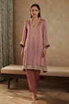 Buy_Rainas_Pink Cotton Silk Printed Floral V Neck Geometric Embroidered Kurta And Pant Set _at_Aza_Fashions