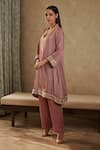 Shop_Rainas_Pink Cotton Silk Printed Floral V Neck Geometric Embroidered Kurta And Pant Set _at_Aza_Fashions