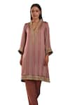 Rainas_Pink Cotton Silk Printed Floral V Neck Geometric Embroidered Kurta And Pant Set _Online_at_Aza_Fashions