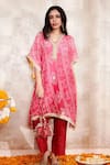 Rainas_Pink Cotton Silk Print Bandhani Bloom V Neck Kaftan Set _Online_at_Aza_Fashions