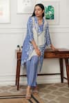 Buy_Rainas_Blue Cotton Silk Print Persian Bloom Stand Collar Neck Kurta With Pant _at_Aza_Fashions