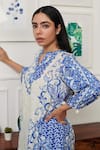 Rainas_Blue Cotton Silk Print Persian Bloom Stand Collar Neck Kurta With Pant _Online_at_Aza_Fashions