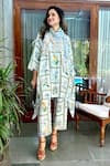 Buy_Rainas_Blue Cotton Silk Print Botanic Bloom Stand Collar Neck Kurta Pant Set _at_Aza_Fashions