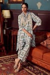 Shop_Rainas_Blue Cotton Silk Print Botanic Bloom Stand Collar Neck Kurta Pant Set _at_Aza_Fashions