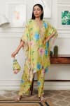 Rainas_Green Cotton Silk Print Flora V Neck Bloom Kaftan Set _Online_at_Aza_Fashions