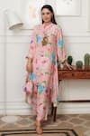 Buy_Rainas_Pink Cotton Silk Print Bloomy Mandarin Collar Asymmetric Kurta Pant Set _at_Aza_Fashions