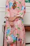 Rainas_Pink Cotton Silk Print Bloomy Mandarin Collar Asymmetric Kurta Pant Set _Online_at_Aza_Fashions