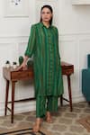 Buy_Rainas_Green Cotton Silk Print Bar Stripe Mania Collar Neck Kurta With Pant _at_Aza_Fashions