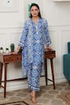 Buy_Rainas_Blue Cotton Silk Print Ambrosia Notched Round Collar Kurta With Pant _at_Aza_Fashions